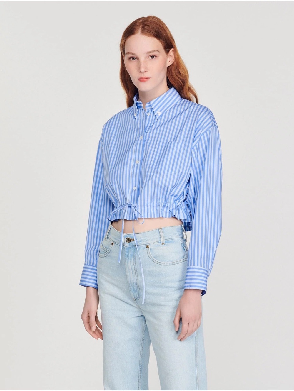 Sandro Blue & White Striped Cropped Button-Up Top